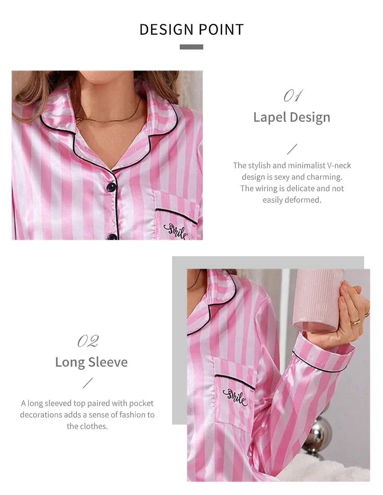 Pigiama da donna in raso con stampa a righe Victoria Autunno Manica lunga Bottoni Risvolto Top e pantaloni Indumenti da notte Comfort Indumenti da notte dalla vestibilità rilassata