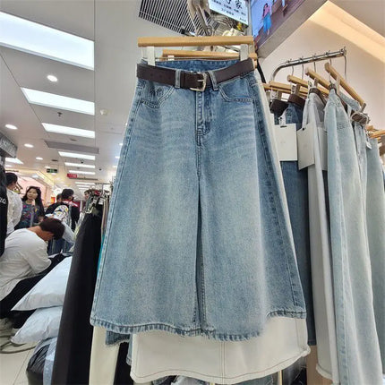 Jeans Larghi da Donna Vintage Estivi a Vita Alta in Denim Solido, Pantaloni Casual Streetwear a Gamba Larga, Jeans a Tre Quarti