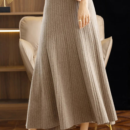 Elegant Women's Pleated Skirt 100% Merino Wool Skirt A-Line Long Skirt Soft Warm Autumn Winter Dress Slim Elastic Waist Office PlatiNum