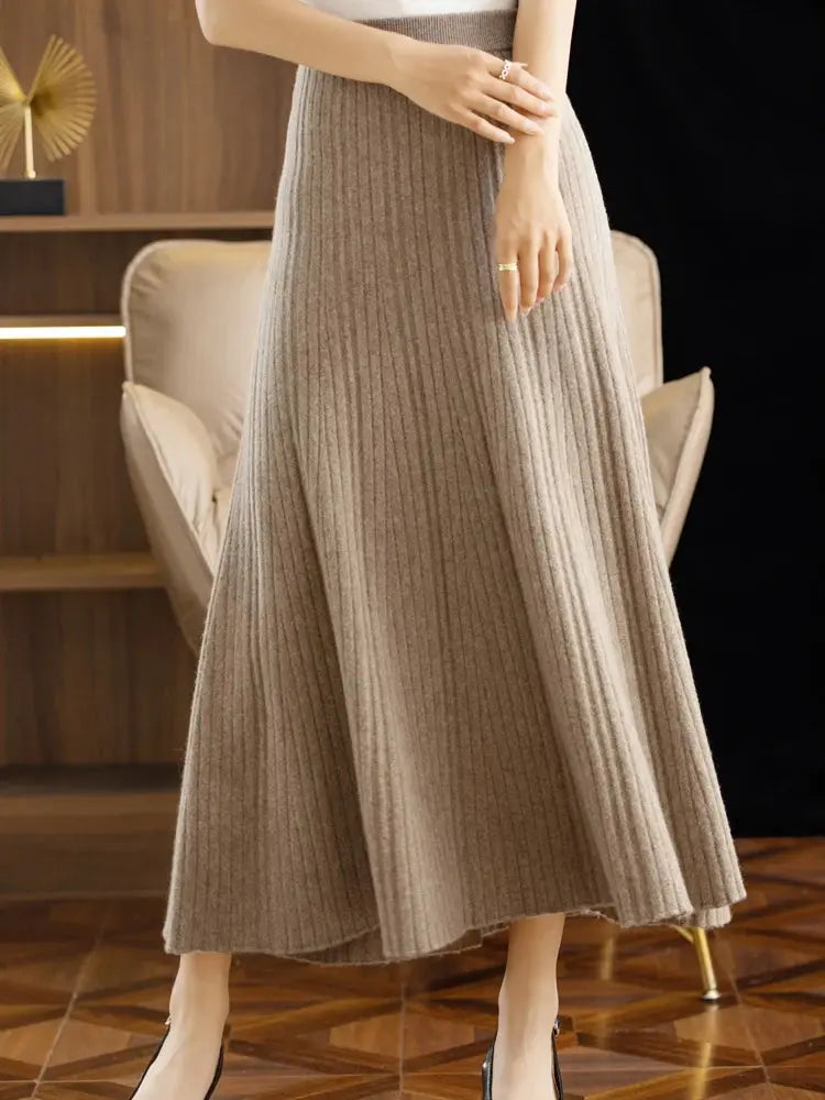 Elegant Women's Pleated Skirt 100% Merino Wool Skirt A-Line Long Skirt Soft Warm Autumn Winter Dress Slim Elastic Waist Office PlatiNum