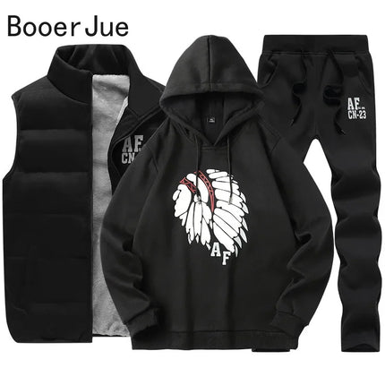 3 Pieces Set Hoodies+Vest+Pants Casual Men's Track Suit Clothing Coats Winter Thick Warm Tracksuit for Men Printed Mens Set Vest