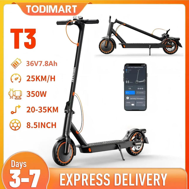 Monopattino Elettrico TODIMART T3 Smart APP, Motore Potente 350W (500W di Picco), Batteria 36V 7.8Ah, Autonomia 20-35KM, Scooter Elettrico per Adulti con Doppio Freno