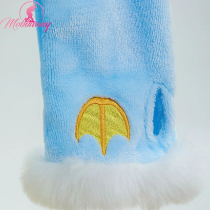 MOBBUNNY PM Derivative Kawaii Fluffy Bodycon Romper Plush Bodysuit Long Sleeve Hooded Jumpsuit with Cape Belt Cosplay Costume