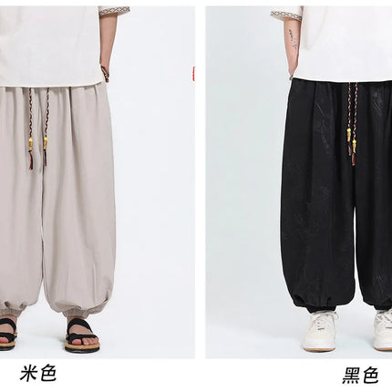 Pantaloni Estivi da Uomo Stile Cinese in Seta Ghiaccio con Motivo Drago Ukiyo-e, Comodi e Trendy, Pantaloni Casual Oversize da Uomo