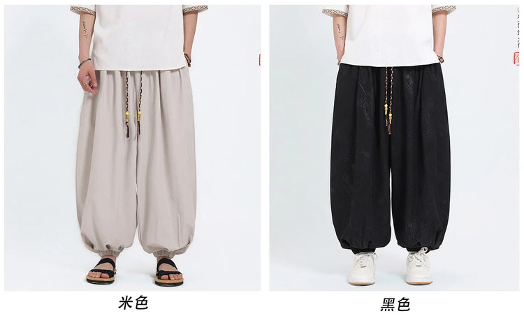 Pantaloni Estivi da Uomo Stile Cinese in Seta Ghiaccio con Motivo Drago Ukiyo-e, Comodi e Trendy, Pantaloni Casual Oversize da Uomo
