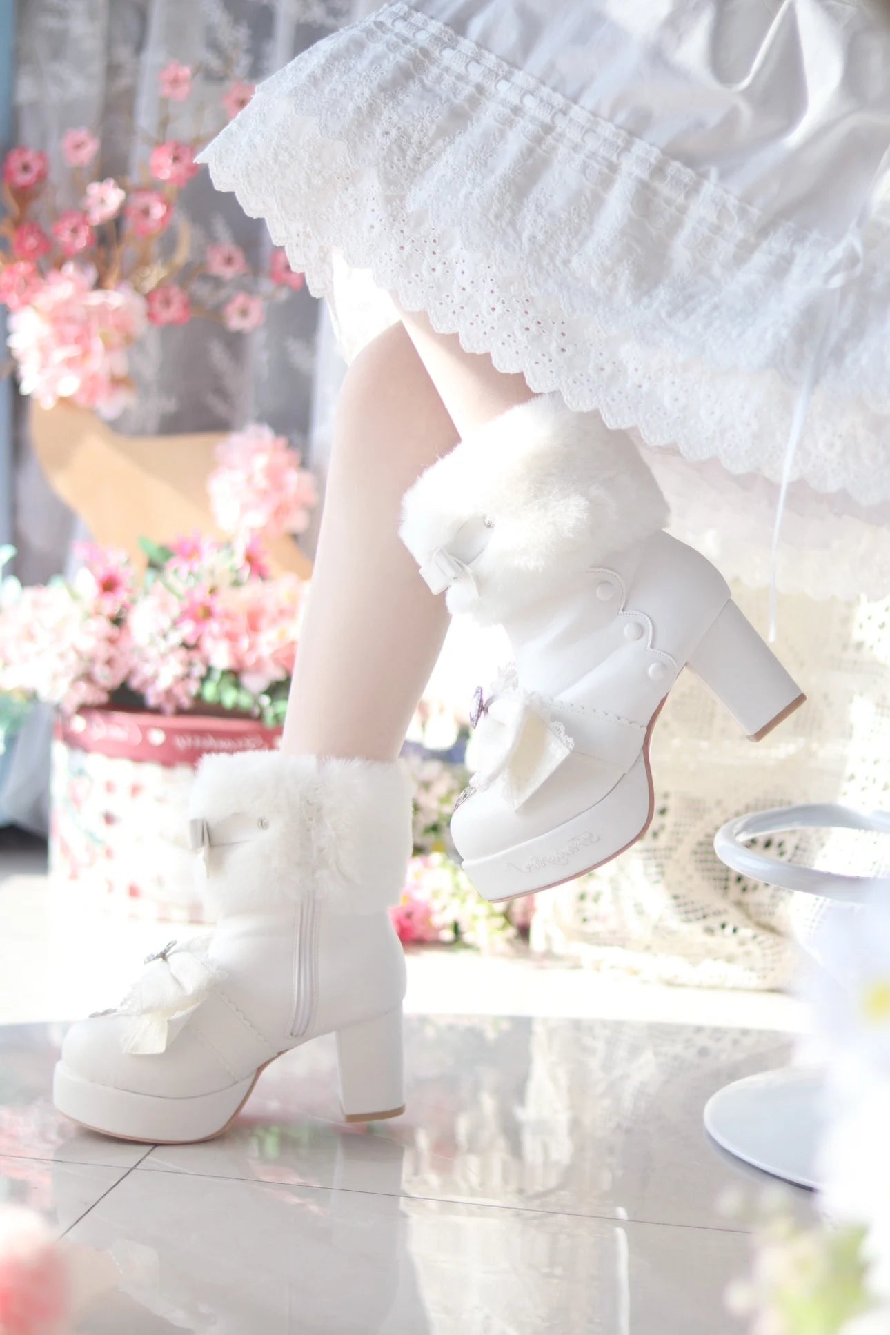 Original Japanese Sweet Cute Style Versatile Bow High Heel Boots Autumn Winter Mass-Produced Rhinestones Fur Short Boots