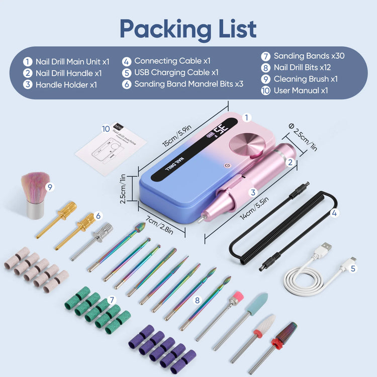 35000RPM Electric Nail Drill Machine Professional Nail Drills for Gel Nails Polish Rechargeable Portable Nail File Manicure Tool