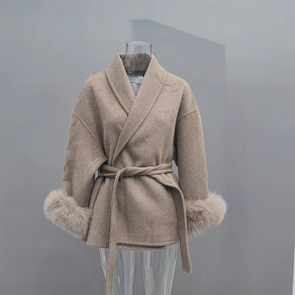 Elegant OL Office Lady Overcoats Fur Patchwork Long Sleeve Woolen Coat Beautiful Women's Clothing Jacket Autumn 2025 Spring