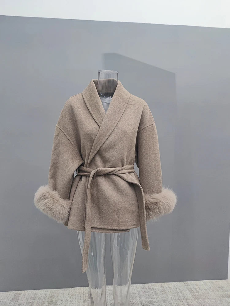 Elegant OL Office Lady Overcoats Fur Patchwork Long Sleeve Woolen Coat Beautiful Women's Clothing Jacket Autumn 2025 Spring