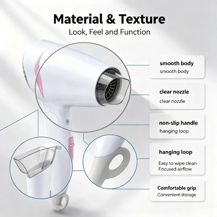 1600W Foldable Travel Hair Dryer, 100‑240V Dual‑Voltage Portable Blow Dryer with Cold Air Function & Hanging Loop for Travel Home Hair Styling