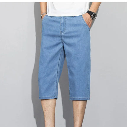 Pantaloncini jeans da uomo estivi sottili in Lyocell Blu Grigio Stile classico Elasticità Pantaloncini di jeans casual da lavoro leggeri e dritti da uomo