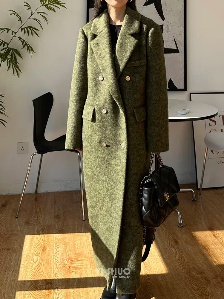 High-end Thick Double-sided Wool Coat Female Fashion Long  Autumn Winter Lapel Double Breasted Wool Coat Women Loose Outerwear