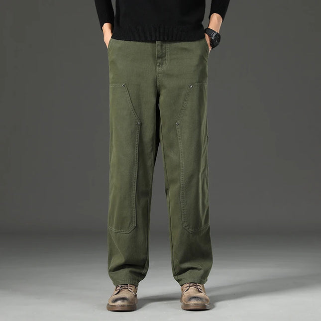 High Quality Spring New Style Straight Loose Men's Casual Pants Rivet Splicing Safari Style Cotton Trousers Army Green Jeans