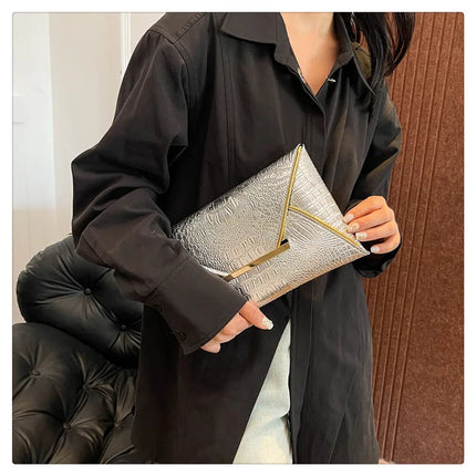 Fashion Crocodile Pattern Envelope Clutch Women's Handbags For Gifts, Designer Casual Ladies Purses Phone Pocket PlatiNum