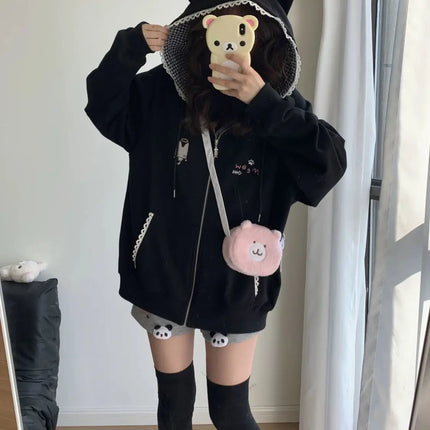 Zipper Hoodie Gothic Cartoon Kawaii Cat Ear Y2k Jacket Zip Up Thin Coat Spring Autumn Cute Core 2000s Clothes Fall Sweatshirts