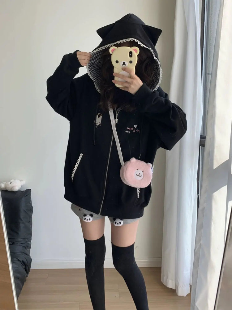 Zipper Hoodie Gothic Cartoon Kawaii Cat Ear Y2k Jacket Zip Up Thin Coat Spring Autumn Cute Core 2000s Clothes Fall Sweatshirts