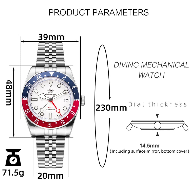 ADDIESDIVE Hot Sale GMT Movement Quartz Watch Stainless Steel Super Luminous 200M Diver Watches For Men AD2044 Relogio Masculino