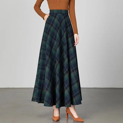 New Women Thick Woolen Skirt Autumn Winter Fashion Elastic High Waist A-Line Long Plaid Skirt Elegant Easy Match Wool Skirt PlatiNum