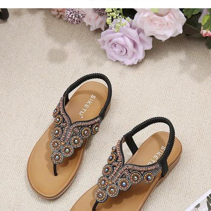 New 2026 Women's Summer Bohemian Style Sandals, Flip-Flop Design with Beaded and Rhinestone Buckle, Elastic Heel Strap, Comfortable Everyday Shoes