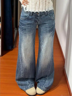 Nuovi jeans lavati a vita bassa taglienti vintage americani da donna Pantaloni in denim versatili con gamba larga svasata e lunghezza fino al pavimento