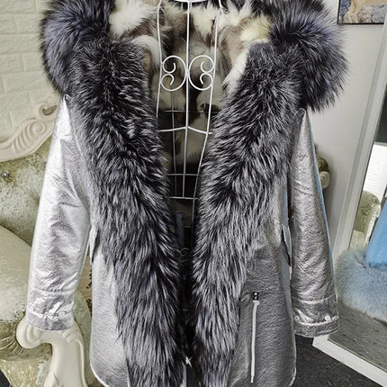 Winter Long Jacket Real Fur Coat Women Clothes Large Silver Fox Fur Collar Detachable Natural Fox Lining Parkas Leather Fur