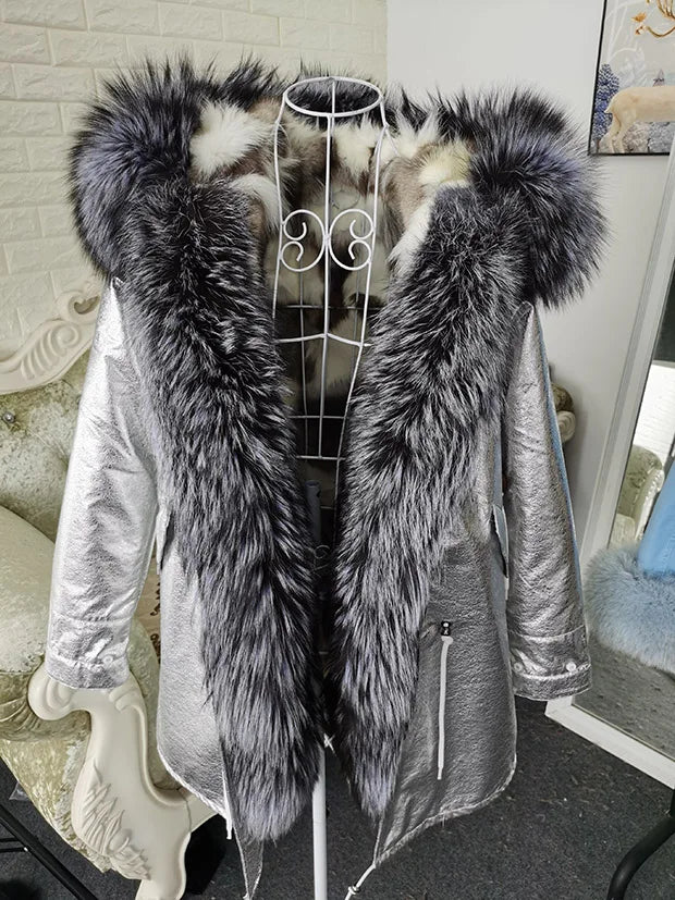 Winter Long Jacket Real Fur Coat Women Clothes Large Silver Fox Fur Collar Detachable Natural Fox Lining Parkas Leather Fur