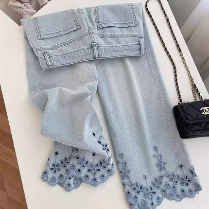 Jeans eleganti di lusso con strass ricamati vuoti allentati Jeans estivi da donna a vita alta pantaloni in denim dritti Y2K Casual Streetwear