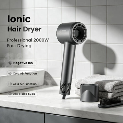 High Speed Hair Dryer 1600W Brushless Blow Dryer 110000RPM Low Noise 57dB Negative Ion Cold Shot Compact Styling Tool With Concentrator Nozzle For Home Salon