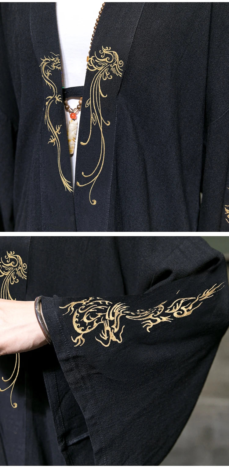 Trench da uomo ricamato in cotone Hanfu Lino Abito stile cinese Giacca cardigan Casual Kimono oversize 5XL Cappotto antico maschile