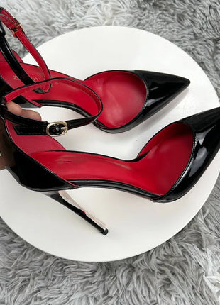 Black Patent Leather Women Ankle Strap Stiletto Pumps Pointed Toe Sexy High Heel Shoes 8cm 10cm 12cm Customize 33-46 PlatiNum