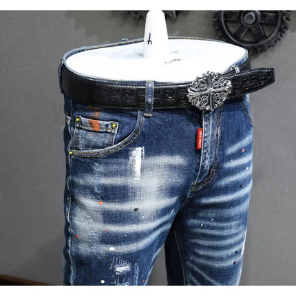 Fashion Designer Men Jeans Retro Blue Stretch Slim Fit Painted Ripped Jeans Men Korean Style Vintage Casual Denim Pants Hombre PlatiNum