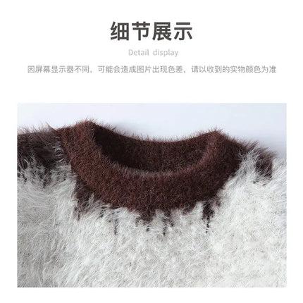 Autumn Winter Men's Casual Warm Fake mink fur Retro Knitted Sweater Round Neck Knitting Pullover Sweater