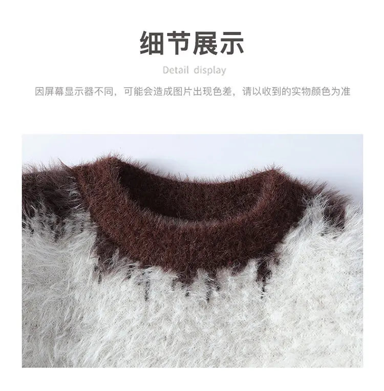Autumn Winter Men's Casual Warm Fake mink fur Retro Knitted Sweater Round Neck Knitting Pullover Sweater