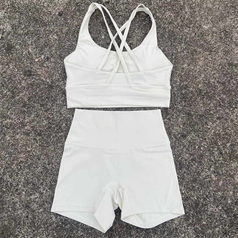 Yoga Shorts Set Gym Sports Set Women Workout Clothes 2 Piece Fitness Suit Cross Straps Bra High Waist Shorts Running Tracksuit