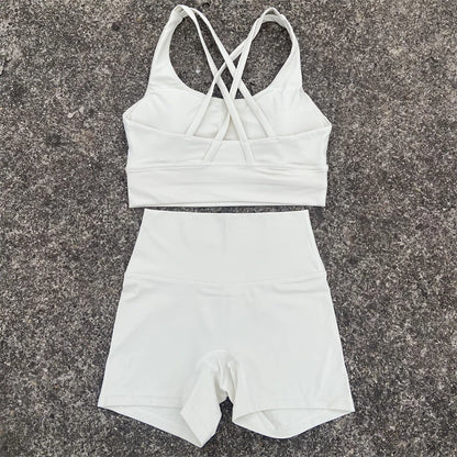 Yoga Shorts Set Gym Sports Set Women Workout Clothes 2 Piece Fitness Suit Cross Straps Bra High Waist Shorts Running Tracksuit