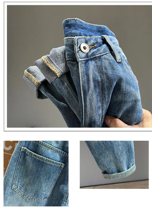 Ripped Jeans Men New Personality Fashion Vintage Blue Streetwear Baggy Denim Pants Casual Tapered Hole Frayed Trousers Male PlatiNum