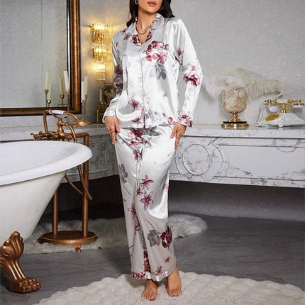 Pigiama da donna con stampa floreale color block, maniche lunghe e pantaloni in raso per un sonno confortevole, morbido pigiama e pigiama da notte