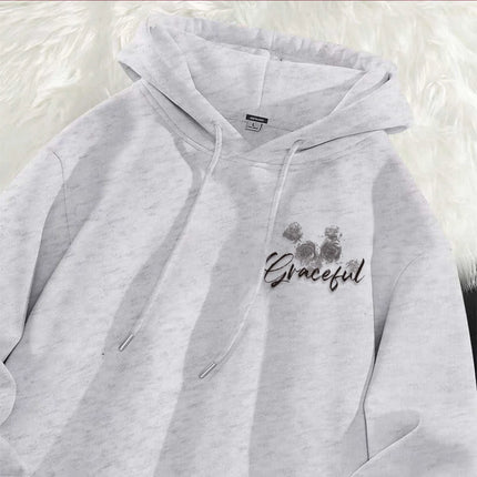 American Retro Black Rose Print Men Women Hooded Sweatshirt Autumn Winter Outdoor Vacation Fitness Casual Loose Warm Sportswear