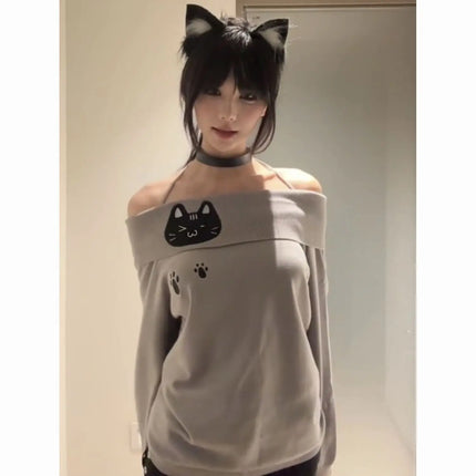 T-shirt con spalle scoperte con ricamo carino T-shirt da donna a maniche lunghe con gatto Kawaii Camicetta basic aderente T-shirt grigie senza spalline