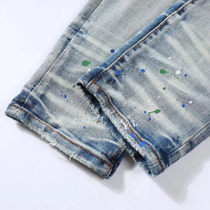 Street Fashion Men Jeans Retro Light Blue Stretch Skinny Fit Patched Ripped Jeans Men Painted Designer Brand Hip Hop Denim Pants PlatiNum
