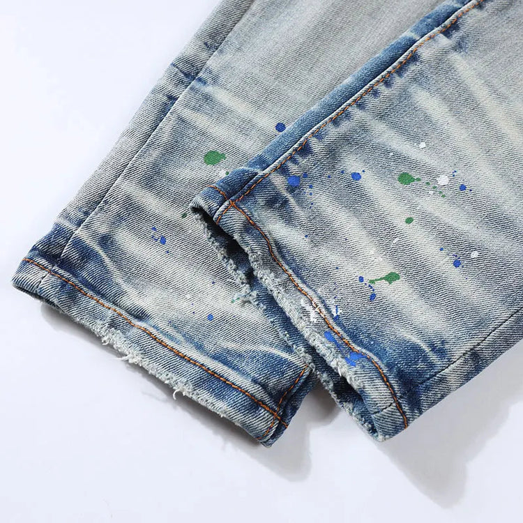 Street Fashion Men Jeans Retro Light Blue Stretch Skinny Fit Patched Ripped Jeans Men Painted Designer Brand Hip Hop Denim Pants PlatiNum