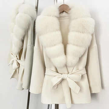 Tossy Women's Wool Coat Faux Fur Trim Belted Long Sleeve Drop Shoulder Mid Length Winter Casual Streetwear Faux Fur Collar Coat
