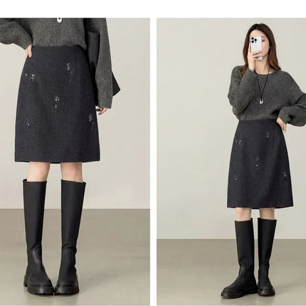 SENTUBILA Women's Straight Skirt 2025 Office Lady Wool Blend Sequin Beading Mid Length Skirt Winter Clothing for Women 154QF6318 PlatiNum