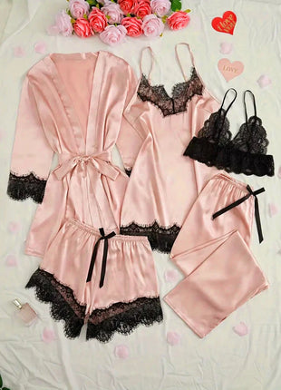 Pigiama da notte in raso da donna Set pigiama rosa Lingerie sexy Accappatoio Patchwork di pizzo Abito da notte in seta Pantaloni Indumenti da notte vestiti per la casa