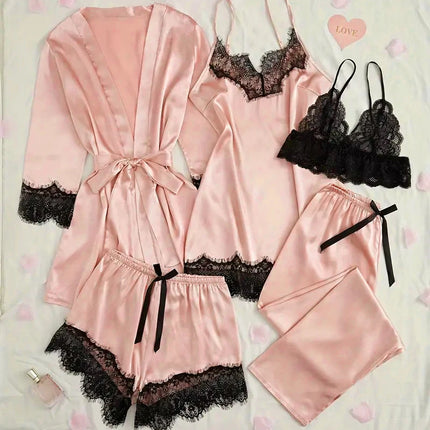 Pigiama da notte in raso da donna Set pigiama rosa Lingerie sexy Accappatoio Patchwork di pizzo Abito da notte in seta Pantaloni Indumenti da notte vestiti per la casa