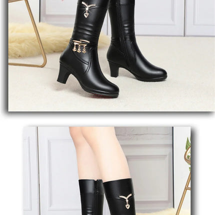Women Comfortable Fleece Medium Boots Autumn Winter New Style Thick Heel Side Zipper Pointed Fashion High Heels Boots Elegant