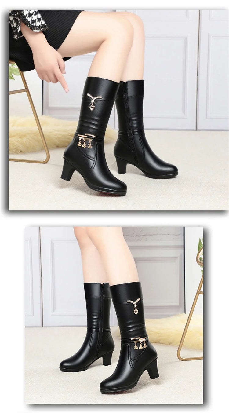 Women Comfortable Fleece Medium Boots Autumn Winter New Style Thick Heel Side Zipper Pointed Fashion High Heels Boots Elegant