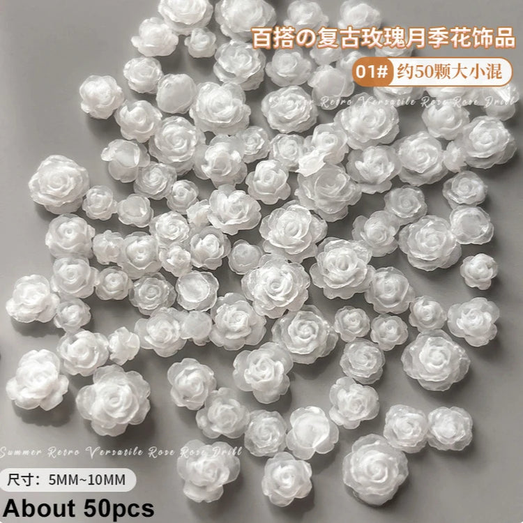 Delicate Dark Red Brown White Rose Flower Leaf Lily Tender Camellia Nail Charms Art Resin Decorations Manicure Tools Accessories