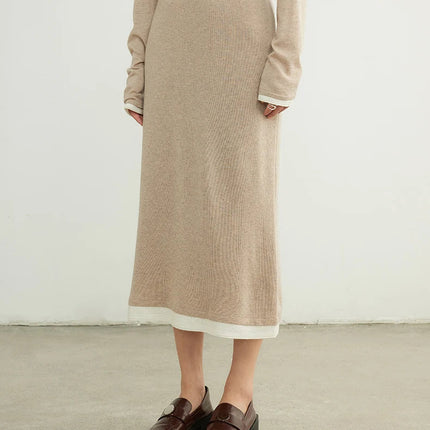 SuyaDream, Women Long Skirt, 32.4%Sheep Wool, Solid Woolen Knitted Skirts, 2024 Autumn Winter Warm Under Dress, Grey, Khaki PlatiNum