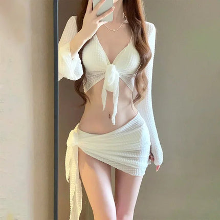 Costume da Bagno Donna 4 Pezzi Stile Coreano Bianco Nero Manica Lunga con Nodo Frontale e Gonna Copricostume 2025 – Perfetto per le Vacanze platinumshop